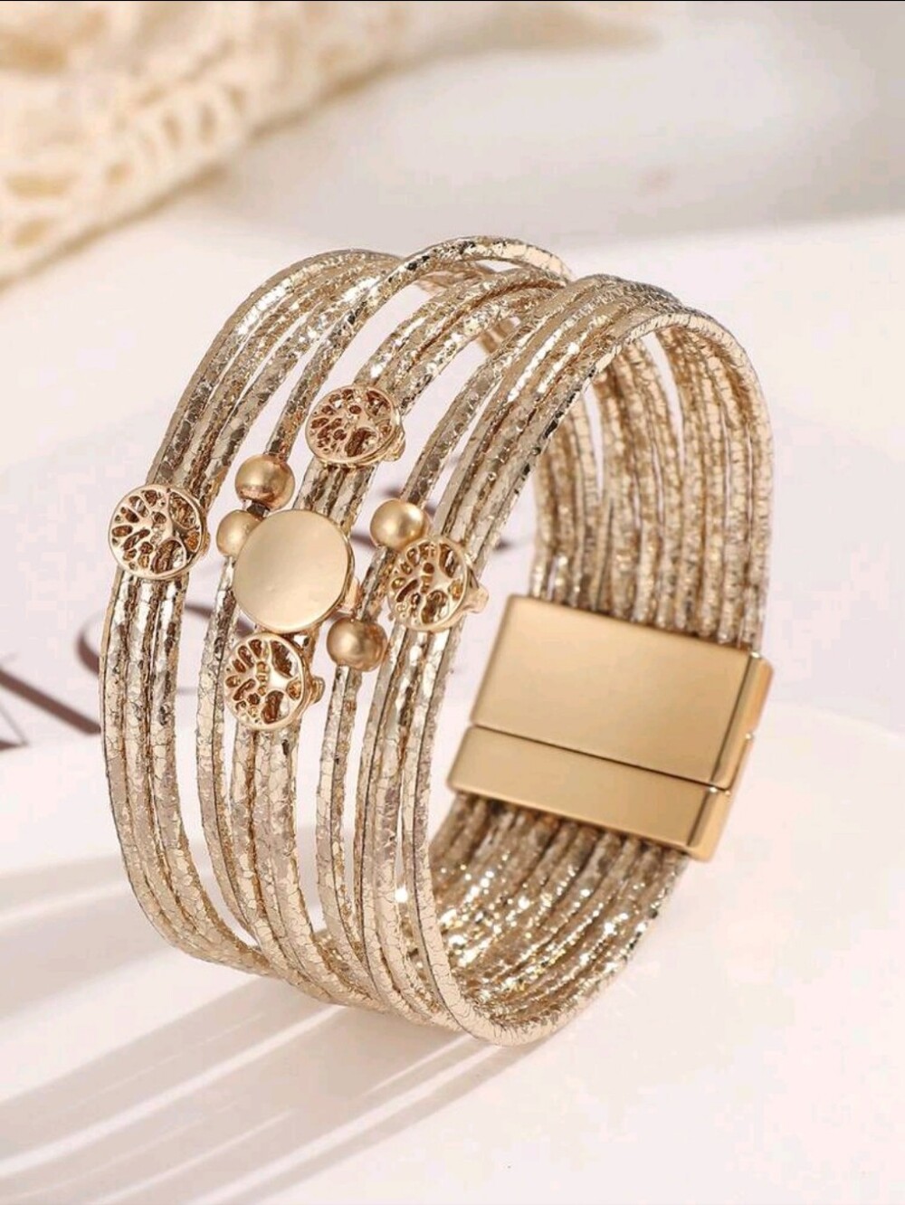 A010 Gold Multi-Strand Magnetic Wrap Bracelet with Filigree Discs